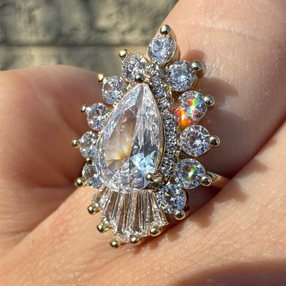 Gold Plated Teardrop Halo Ring baguettes & CZ Size 8 Wedding Engagement